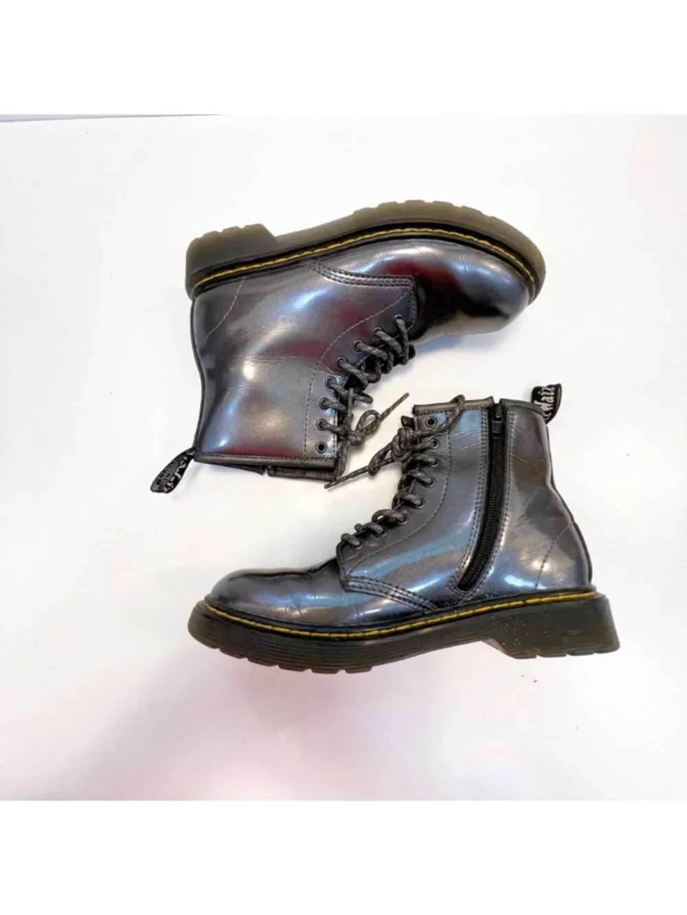 Dr. Martens Patent Leather Grey Combat Boots, Size 4